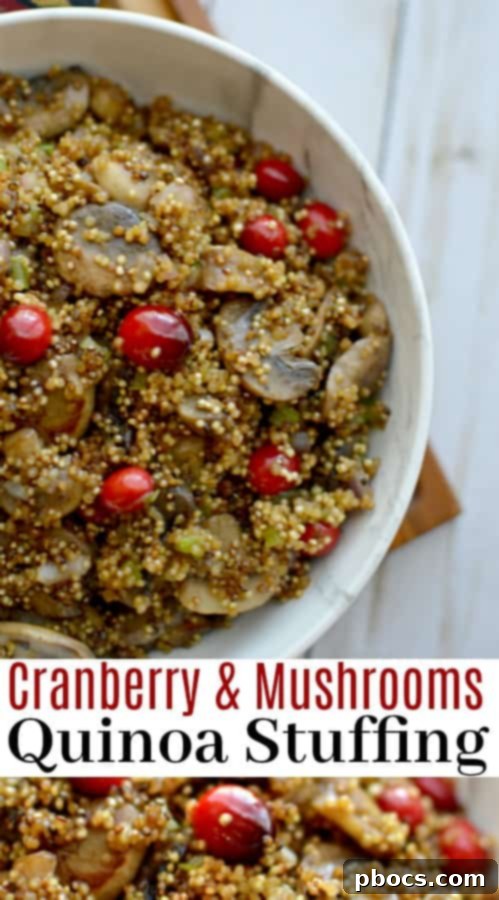 Pinterest pin image for Cranberry & Mushroom Quinoa Stuffing recipe