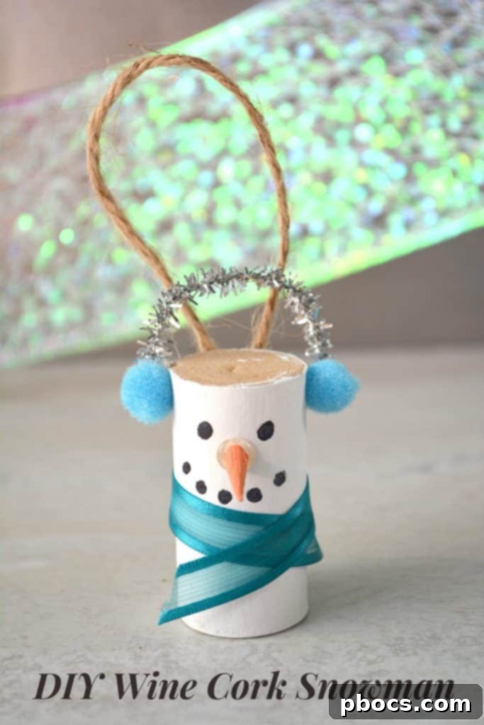 DIY Wine Cork Snowman Ornament: Festive Handmade Decor Completed DIY Wine Cork Snowman Ornament ready for display
