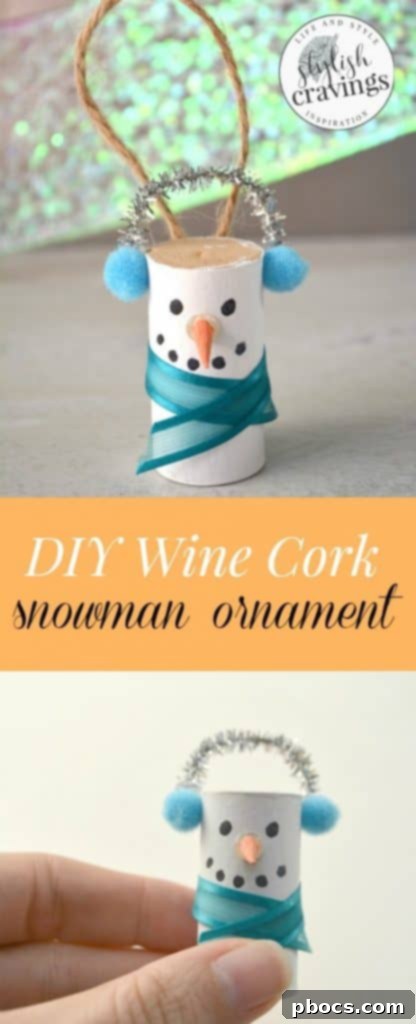 Blue Scarf Wine Cork Snowman Ornament Variation DIY Wine Cork Snowman Ornament with a blue scarf and earmuffs