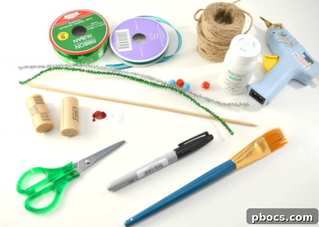 Essential Craft Supplies for Snowman Ornaments Materials laid out for DIY Wine Cork Snowman Ornament