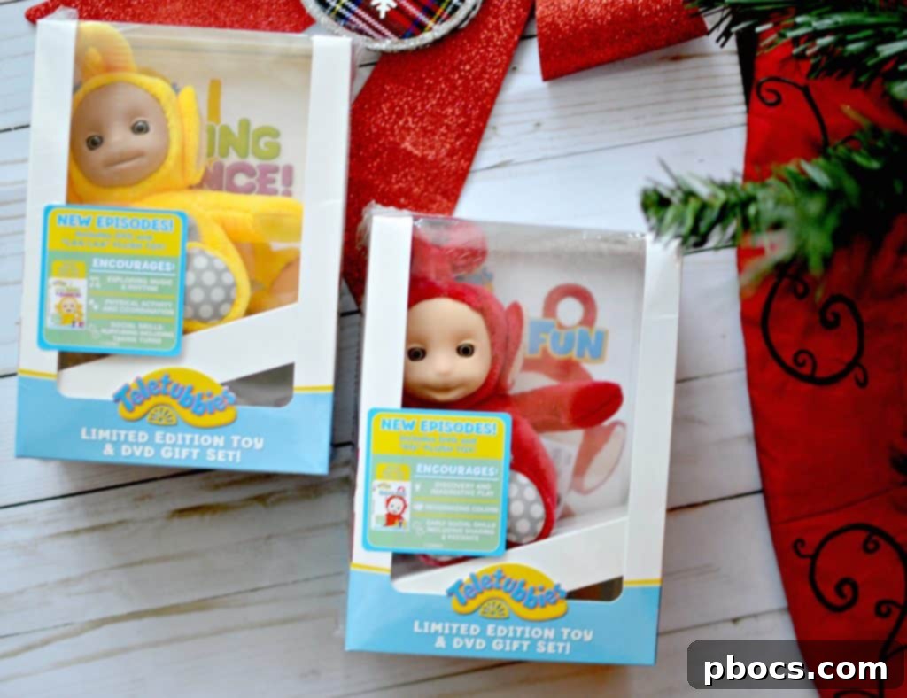 Teletubbies characters Tinky Winky, Dipsy, Laa-Laa, and Po in a playful setting with a bright green hill and flowers.