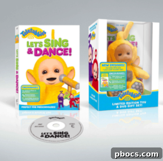 Close-up of a yellow Teletubby plush toy, Laa-Laa, with a gentle smile and soft texture, accompanied by a Teletubbies DVD.