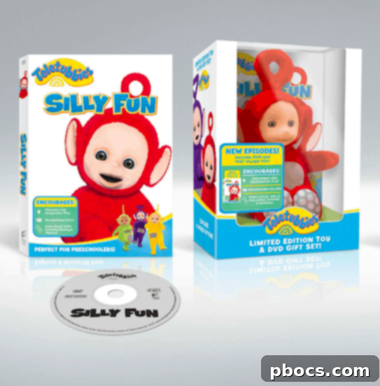 Close-up of a red Teletubby plush toy, Po, with a warm expression, accompanied by a Teletubbies DVD. Both plush toys are soft and inviting.