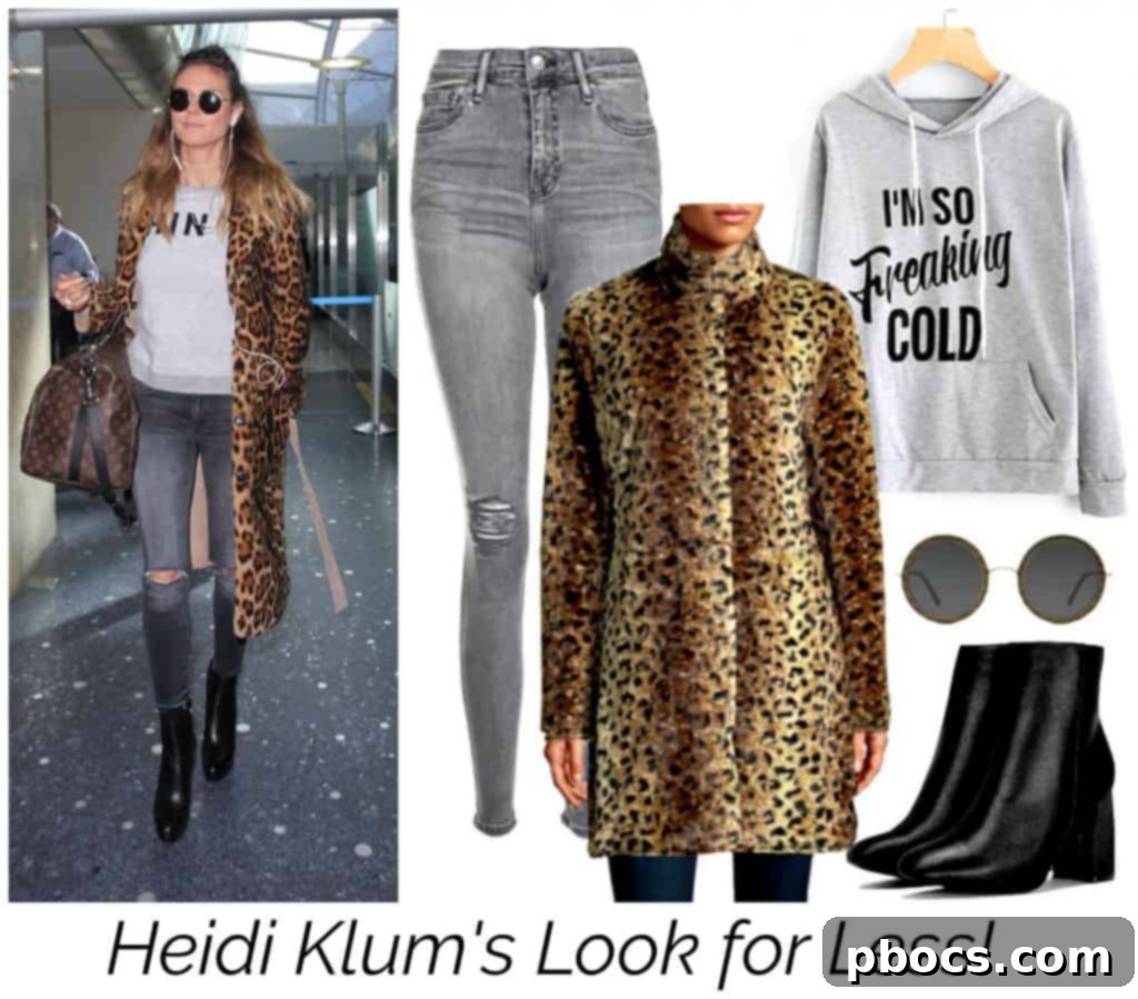 Steal Heidi Klum's Style on a Budget 3 A curated selection of affordable fashion items, including an animal print coat, grey jeans, and a sweatshirt, inspired by Heidi Klum's style.