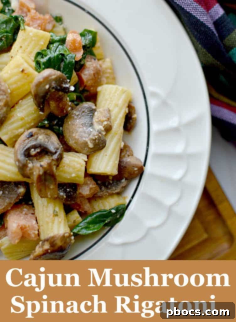 Creamy Cajun Mushroom & Spinach Rigatoni, a delicious and easy weeknight dinner idea