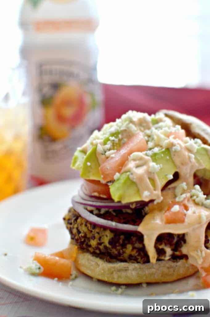 Spicy blue cheese and avocado quinoa burger ready to be served