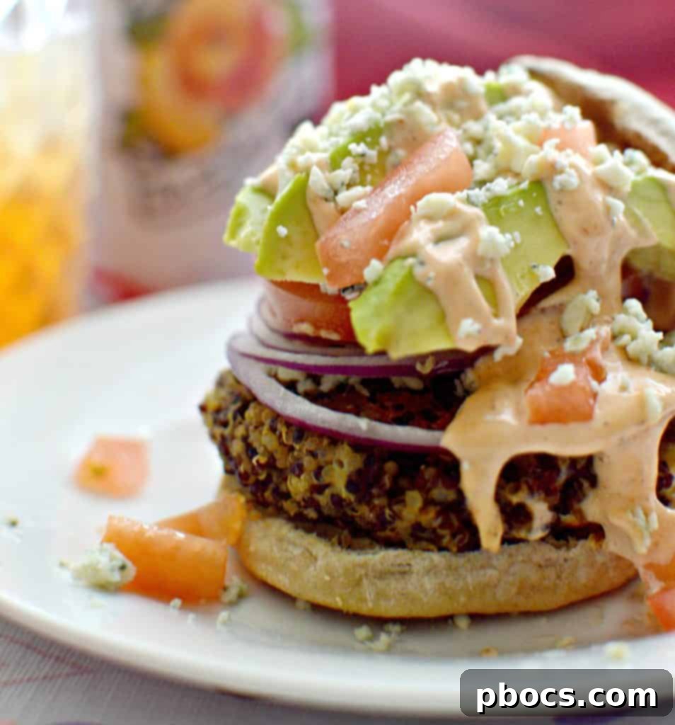 Assembly process of a spicy blue cheese and avocado quinoa burger