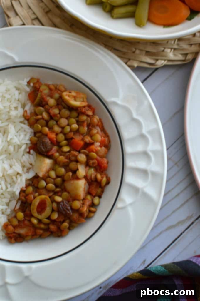 Delicious vegan picadillo made with lentils, showcasing a rich, savory texture with potatoes and spices.