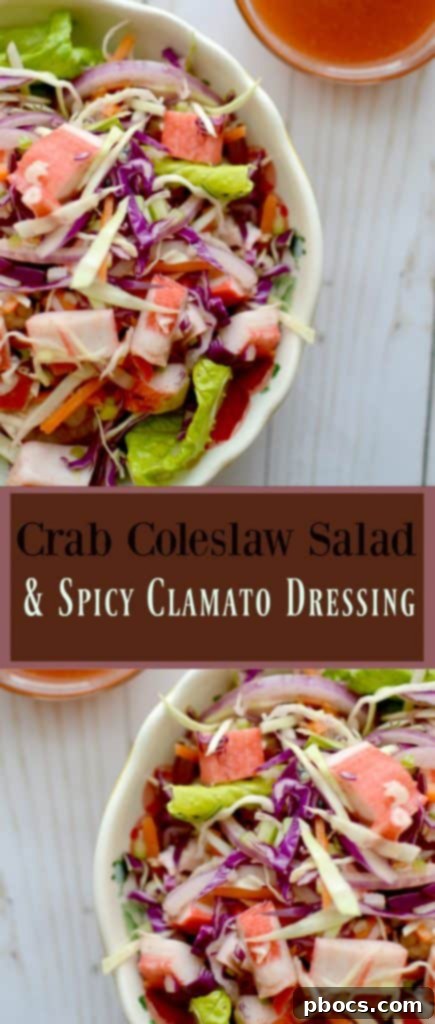 Pinterest graphic for Crab Coleslaw Salad & Spicy Clamato Dressing