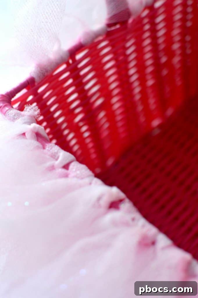 Tying tulle strips onto Easter basket