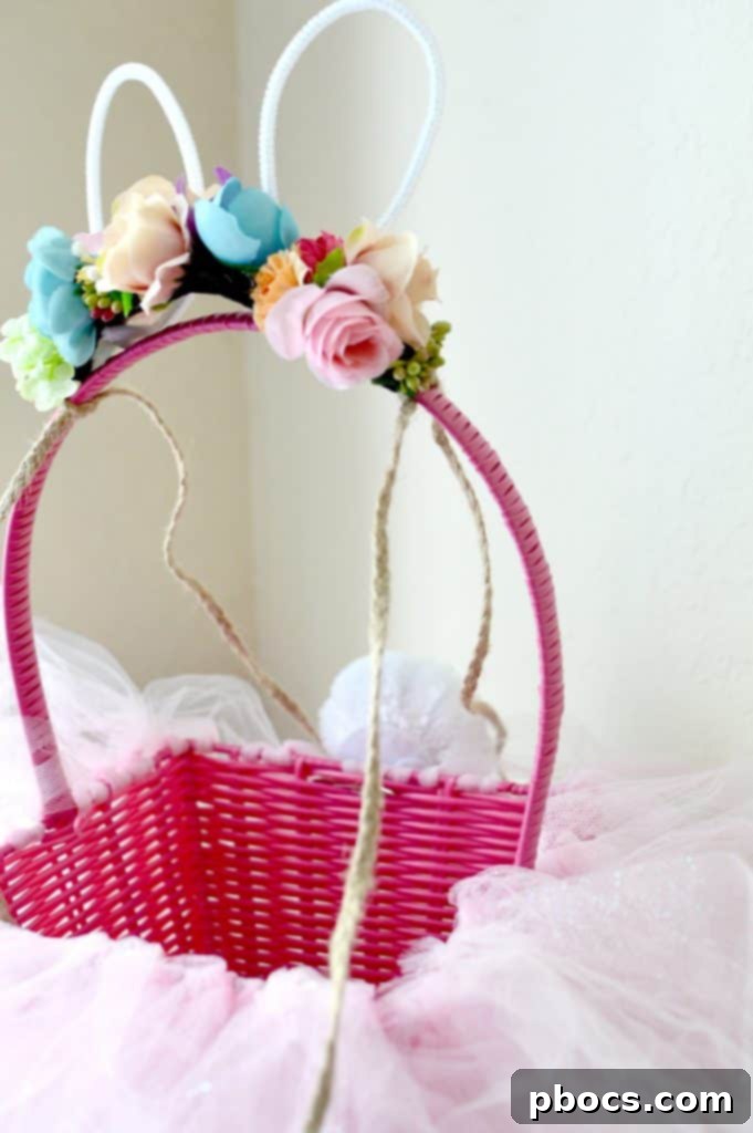 Tying flower crown onto basket handle