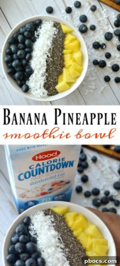 This creamy and delicious smoothie bowl has got all the elements of what a breakfast should be! The finished creamy and delicious Banana Pineapple Smoothie Bowl with colorful toppings, a perfect healthy breakfast