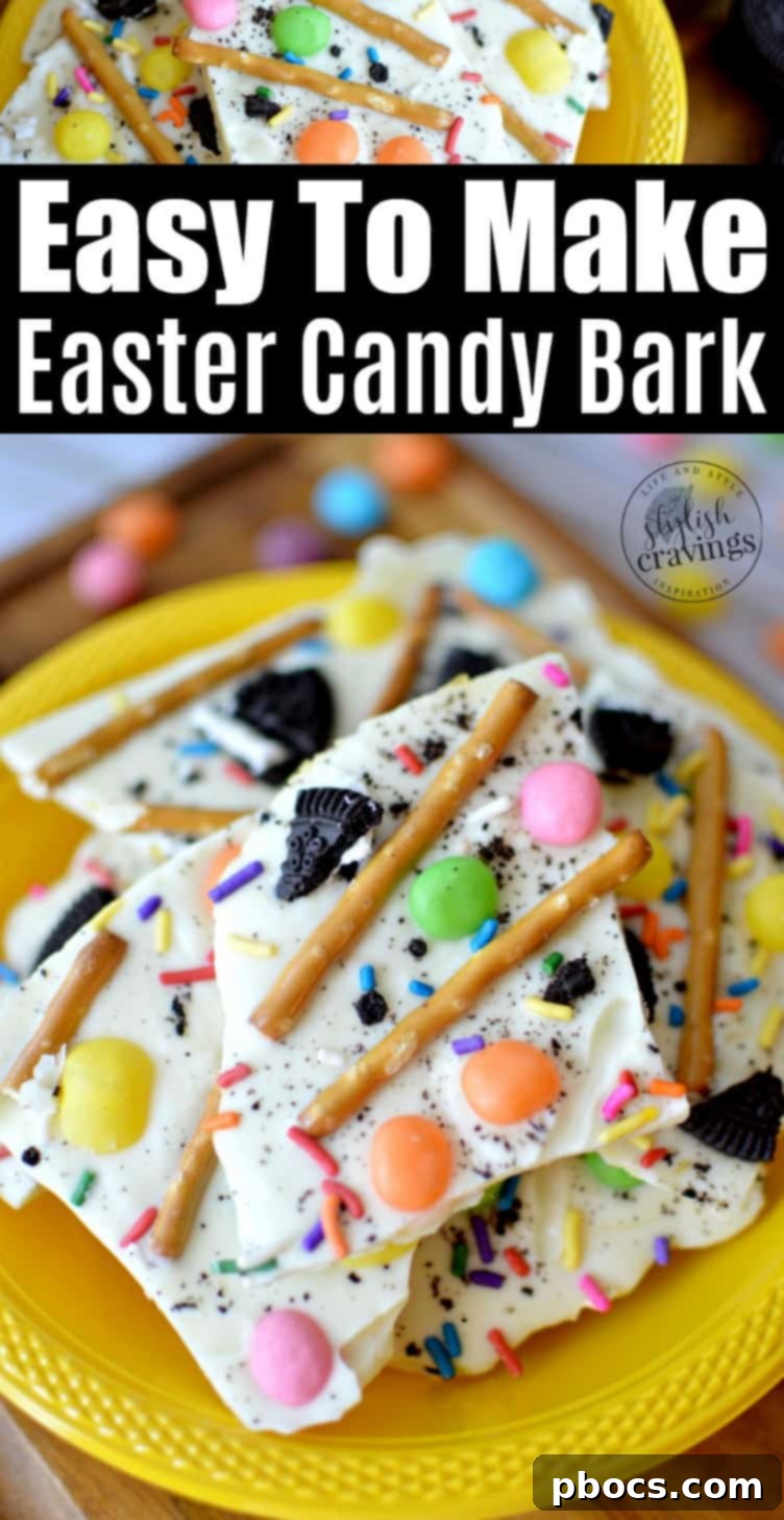 Vertical shot of White Chocolate Easter Bark, emphasizing its height and delicious layers, perfect for Pinterest pinning.