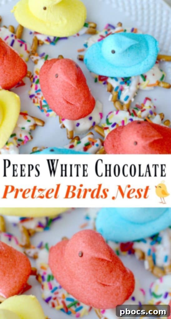 Sweet and Salty Peeps Pretzel Nests 3 Pin this Peeps White Chocolate Pretzel Birds Nest recipe for later
