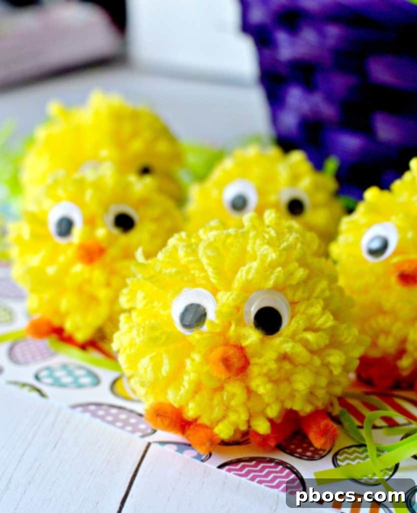 Craft Adorable Pom Pom Chicks Easily 5 Close-up of a DIY pom pom chick with glued eyes, beak, and feet