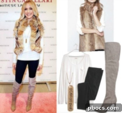 Cavallari Chic on a Shoestring 2 Kristin Cavallari inspired winter outfit with faux fur vest, leggings, and over-the-knee boots