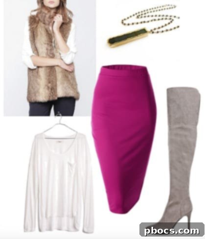 Cavallari Chic on a Shoestring 3 Faux fur vest and over-the-knee boots styled with a pencil skirt for a sophisticated winter look