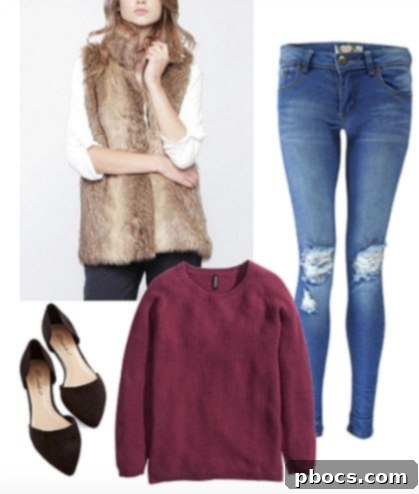 Cavallari Chic on a Shoestring 4 Cozy winter outfit featuring a faux fur vest, sweater, and over-the-knee boots for a relaxed yet stylish look