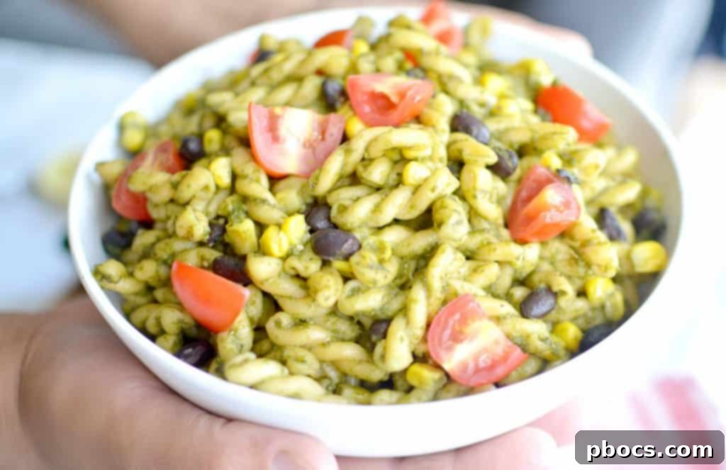 Finished Jalapeño Pesto Pasta Salad ready to serve