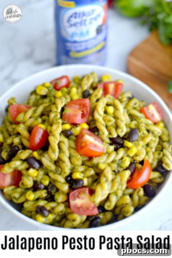 Pin graphic for Jalapeño Pesto Pasta Salad recipe