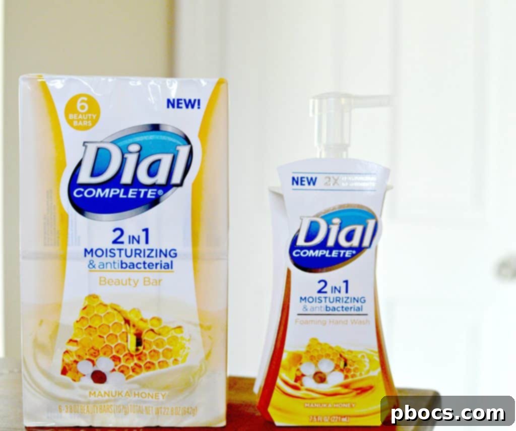 Dial Complete 2 in 1 Moisturizing & Antibacterial Beauty Bar and Foaming Hand Wash products on a bathroom counter
