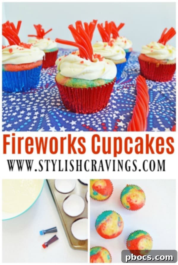 Sparkling Fireworks Cupcakes Recipe 5 Pin for later image showcasing a stack of Fireworks Cupcakes with patriotic decorations.