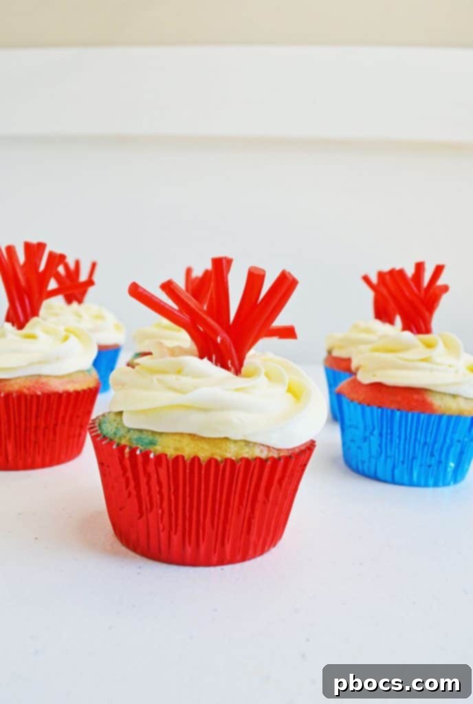 Fireworks Cupcakes Recipe Decorated Fireworks Cupcakes with Pop Rocks and Twizzlers.