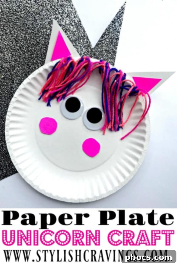 Pinterest-friendly image featuring two paper plate unicorns and craft supplies